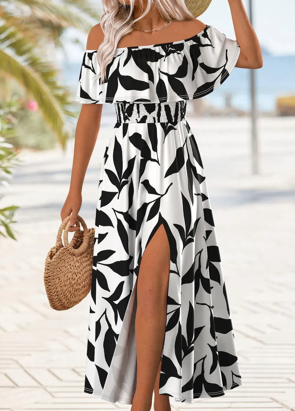 Multi Color Split Leaf Print Maxi Sleeveless Dress