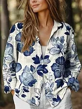 Women's Shirt Button Down Tunic Shirt Collar Long Sleeve Floral Graphic Stylish Casual Linen Like Regular Tops Daily Holiday Going out s Blue Green Spring