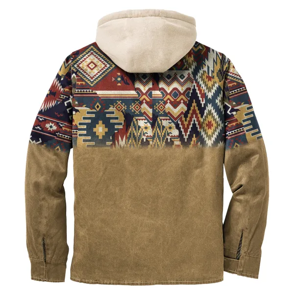 Men's Autumn & Winter Outdoor Casual Retro Ethnic Style Colorblock Print Hooded Jacket
