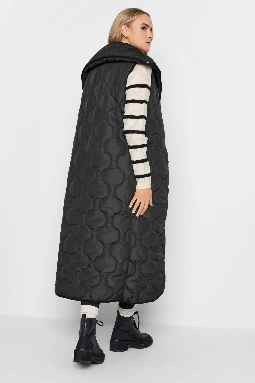 LTS Tall Black Funnel Neck Quilted Longline Gilet