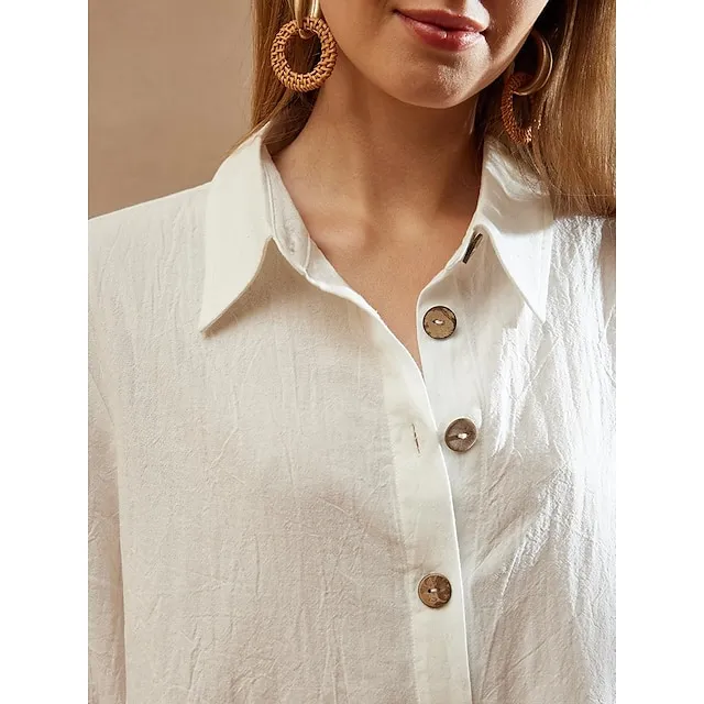 Women's Shirt Dress Mini Dress Cotton Linen Button Up Button Basic Casual Daily Shirt Collar Half Sleeve Summer Spring White