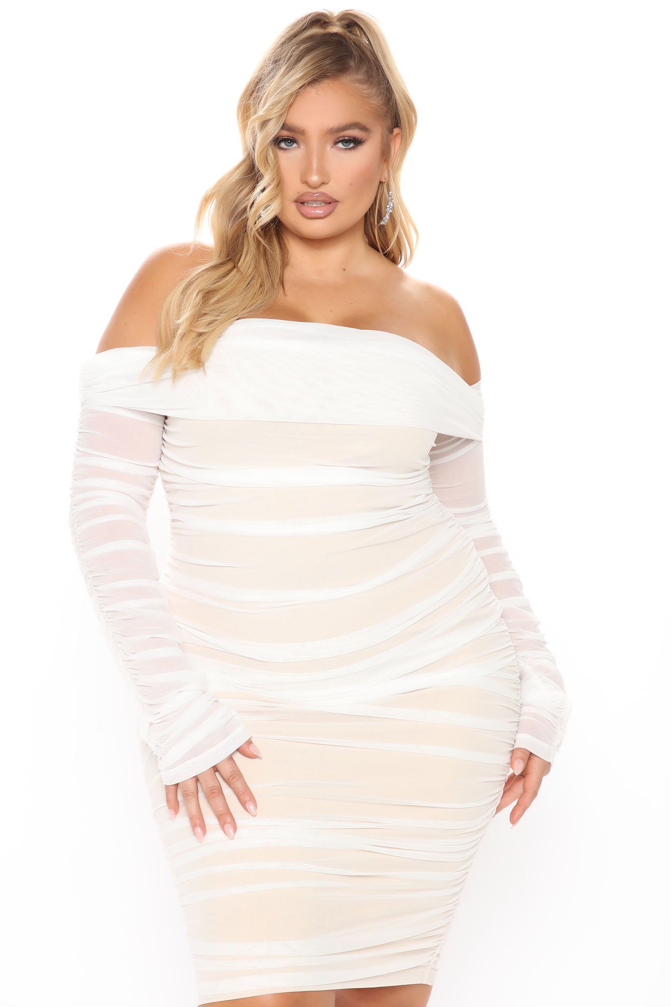 Ready In A Ruched Off Shoulder Midi Dress - White
