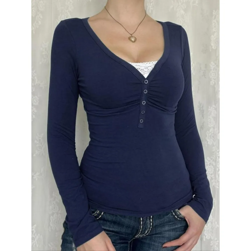 Women's Contrast Lace Button V Neck Tee