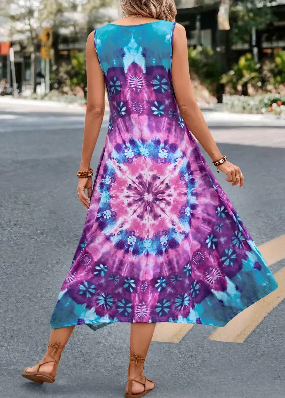 Blue Asymmetry Tie Dye Print H Shape Dress