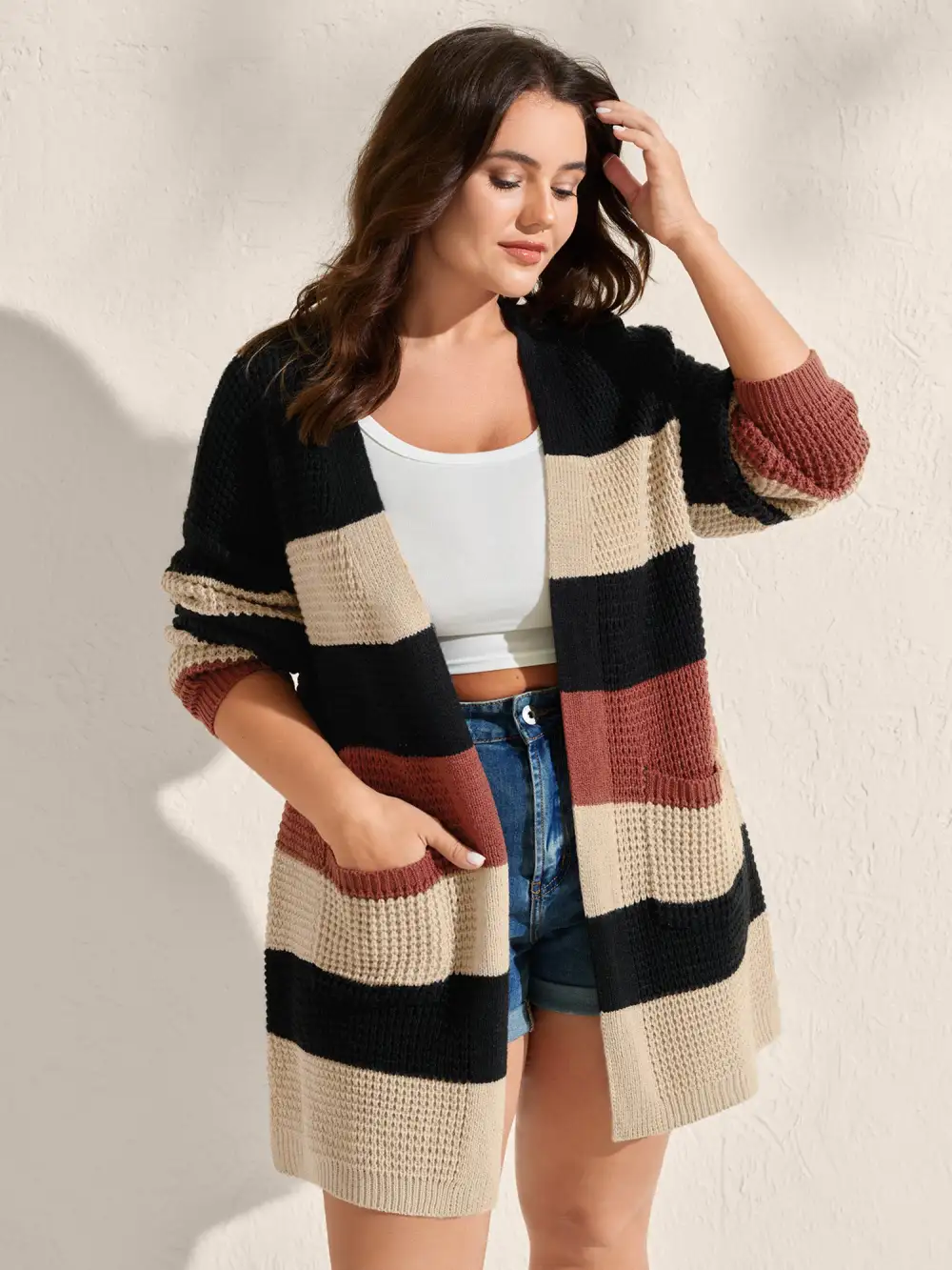 Color Block Textured Pockets Knit Cardigan