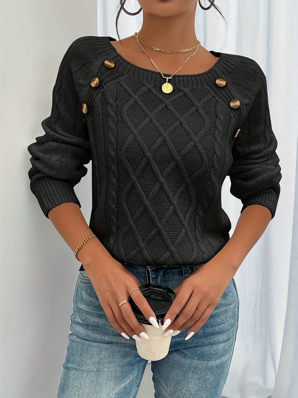 Long Sleeve Cable Knit Sweater, Casual Crew Neck Sweater, Women's Clothing