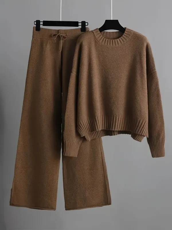 Autumn and Winter Fashion Casual Knitted Suit Pants Women's Loose Sweater Wide Leg Pants Two Piece Set