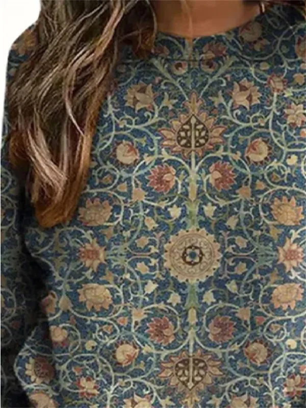 Women's Sweatshirt Pullover Vintage Sports Fashion Red Blue Green Floral Vintage Ethnic Street Casual Round Neck Long Sleeve Top Micro-elastic Fall & Winter