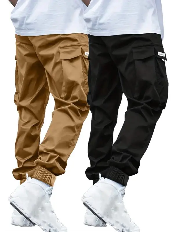 Men's Plus Size Cargo Pants – Solid Color, Drawstring, Flap Pockets