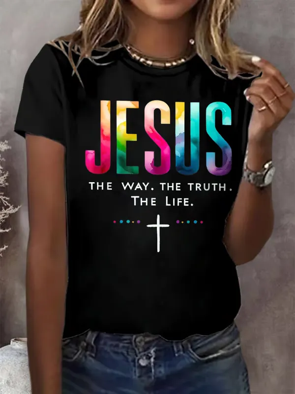 Women'S T-Shirt Women'S Jesus Truth Road Printed T-Shirt Pure Cotton Round Neck Letter Print