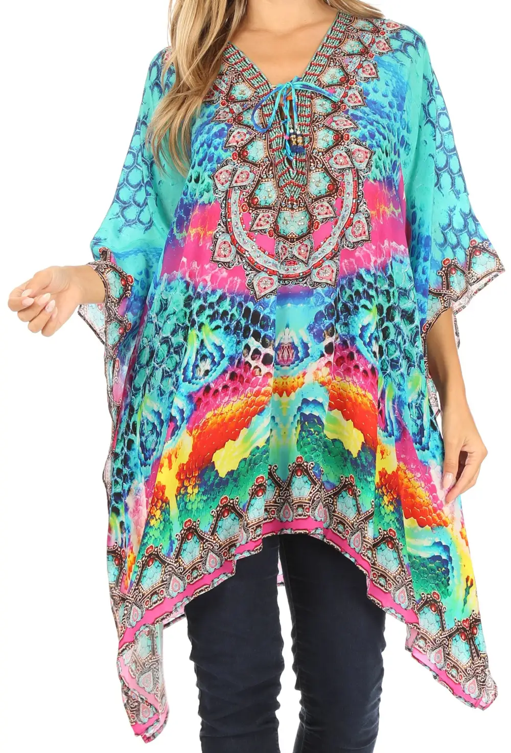 Women's Caftan Poncho Cover up V neck Top Lace up With Rhinestone