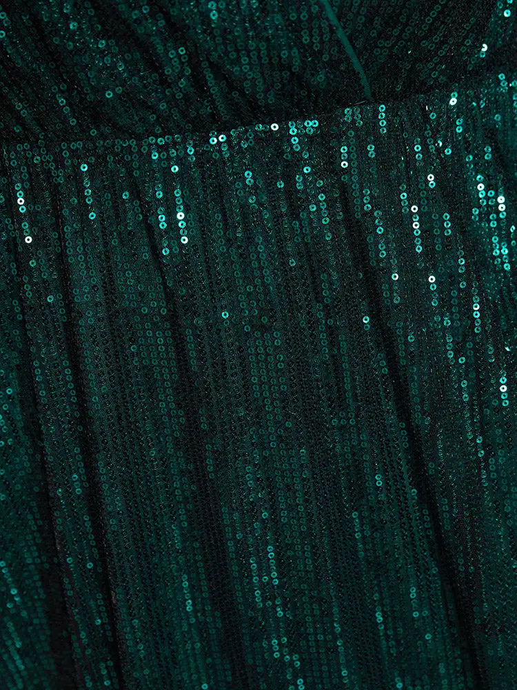 Solid Pocket Lantern Sleeve Wrap Sequin Dress