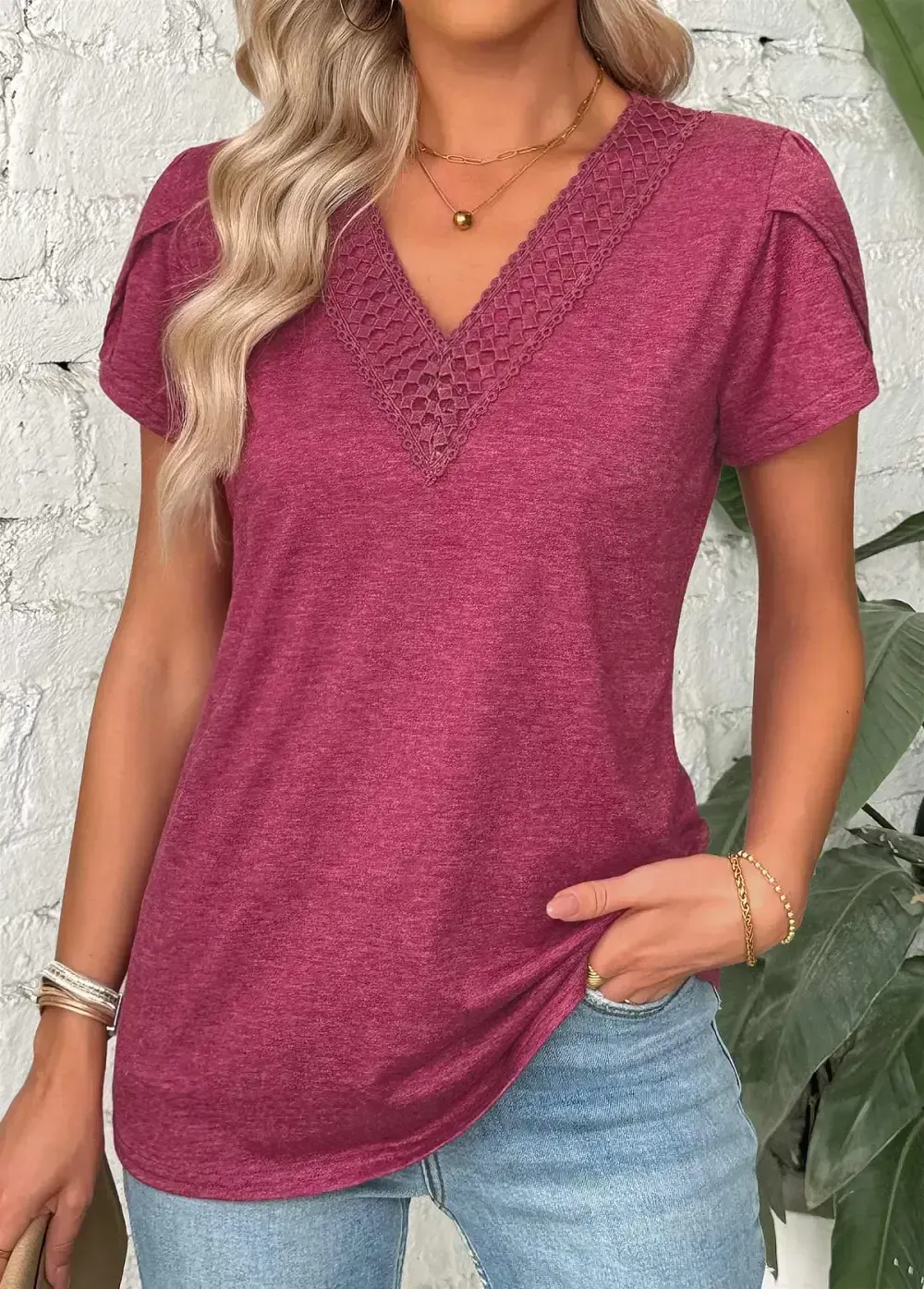 Dark Reddish Purple Short Sleeve V Neck T Shirt
