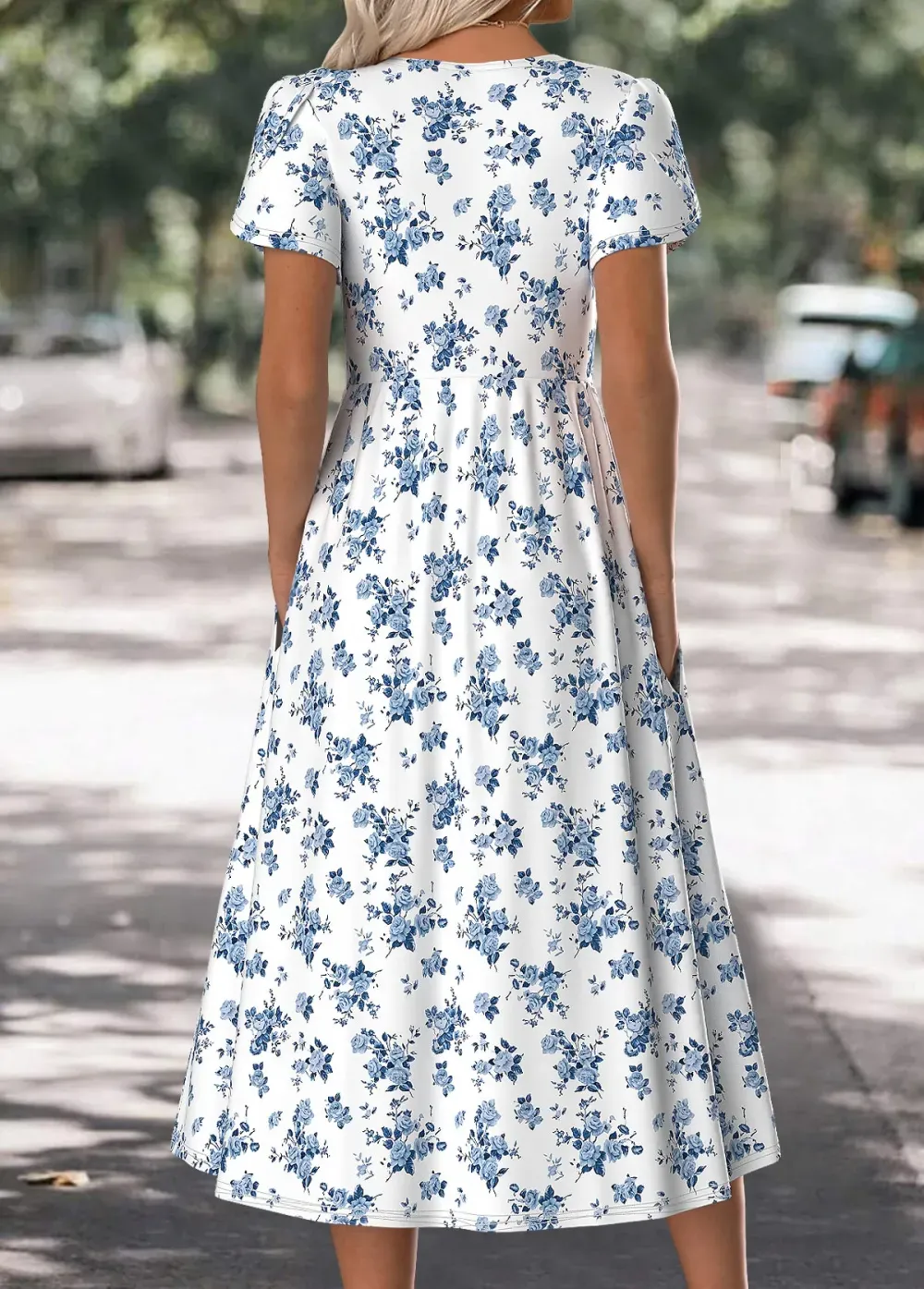 White Floral Print Short Sleeve Round Neck Dress