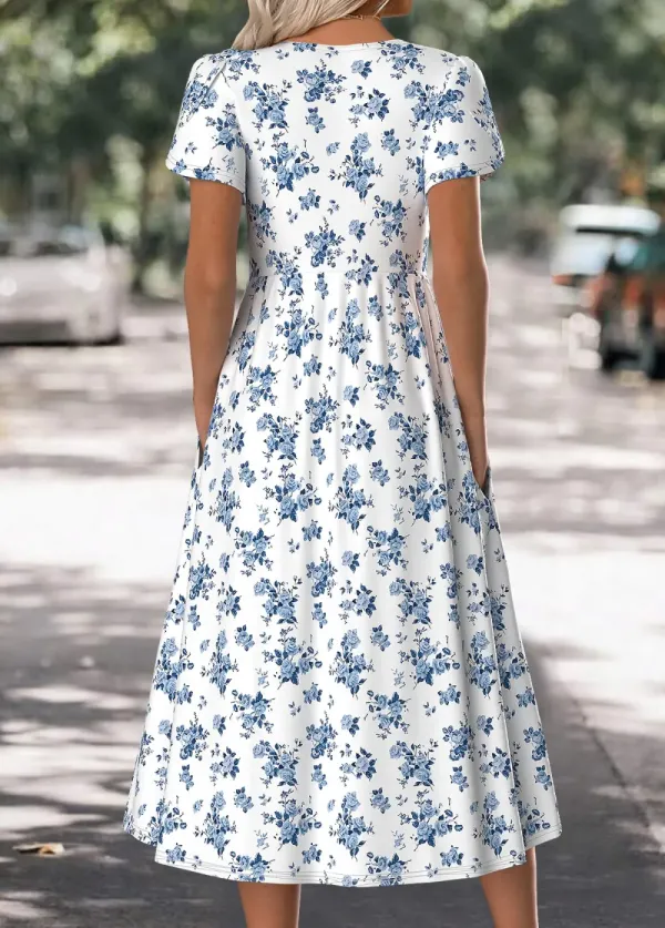 White Floral Print Short Sleeve Round Neck Dress