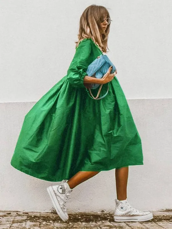 Loose High-Low Pleated Half Sleeves Round-Neck Midi Dress