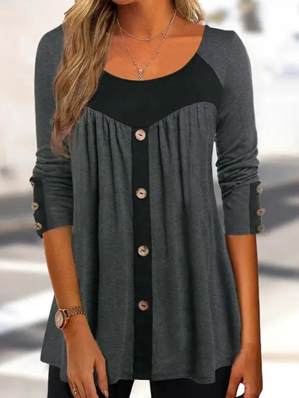 Women's T-Shirts Contrast Button Long Sleeve T-Shirt（⚡Clearance Sale）