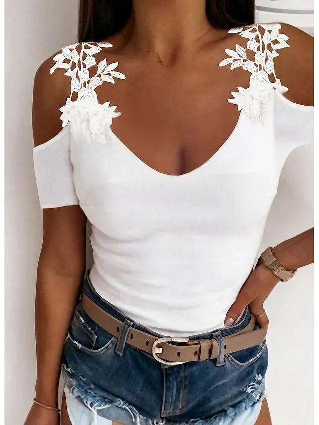 Women's T shirt Tee Going Out Tops Burgundy Tee Concert Tops Plain Lace Cut Out Casual Weekend Elegant Fashion Basic Cold Shoulder Short Sleeve U Neck Off Shoulder Black Summer Spring