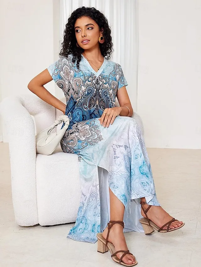 Women's Casual Dress Graphic Tribal Split Hem V Neck Maxi Dress Boho Vacation Short Sleeve Summer