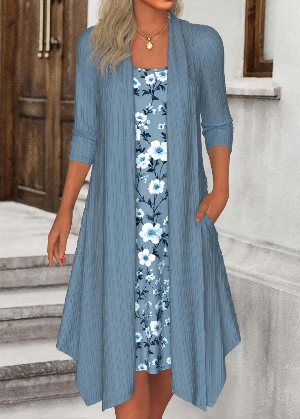 Dusty Blue Fake 2in1 Floral Print A Line Dress