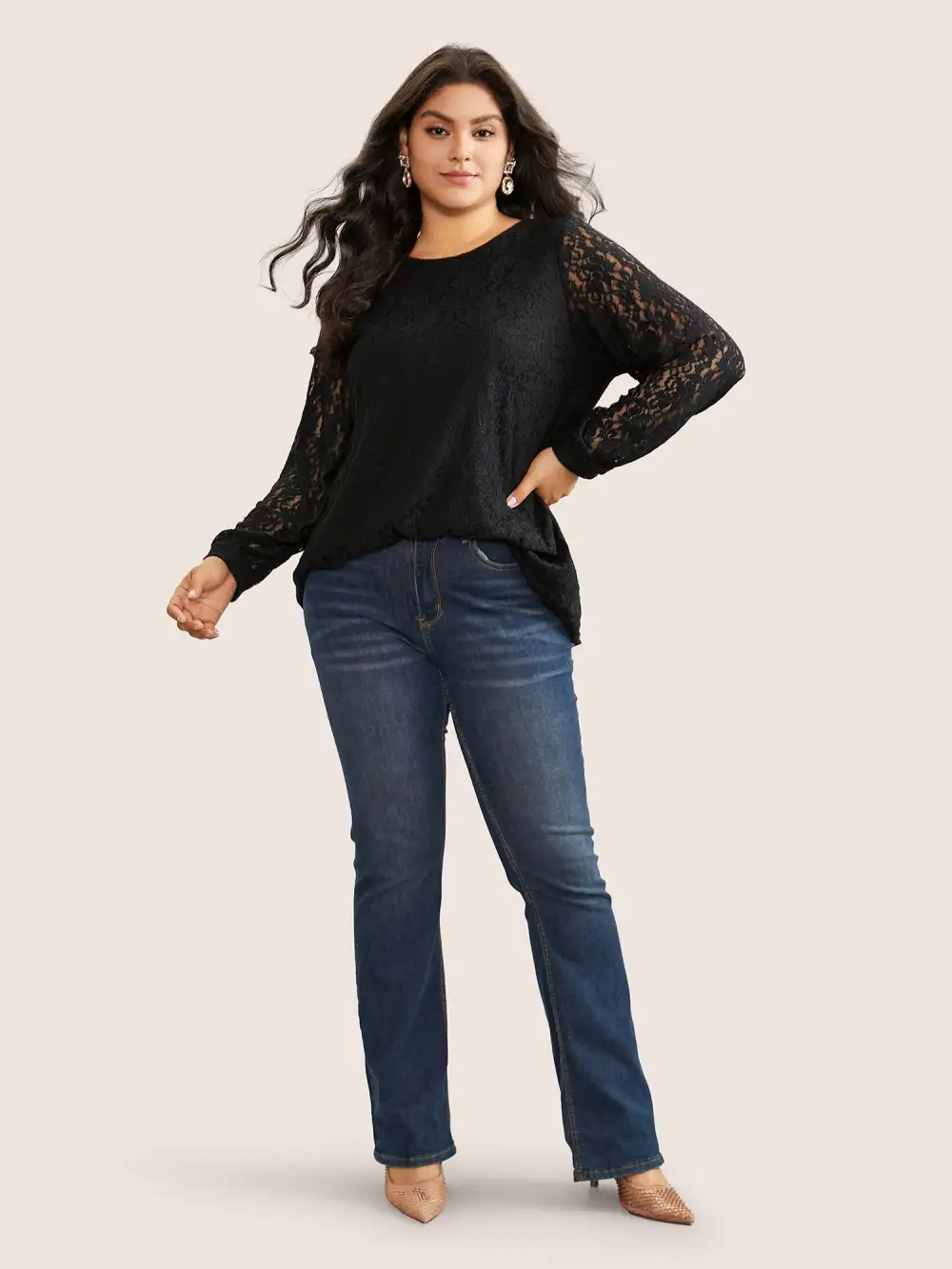 Solid Crochet Lace Mesh Crew Neck Blouse