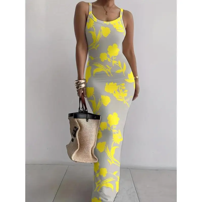 Women's Sleeveless Bodycon Maxi Dress – Printed Summer Beachwear