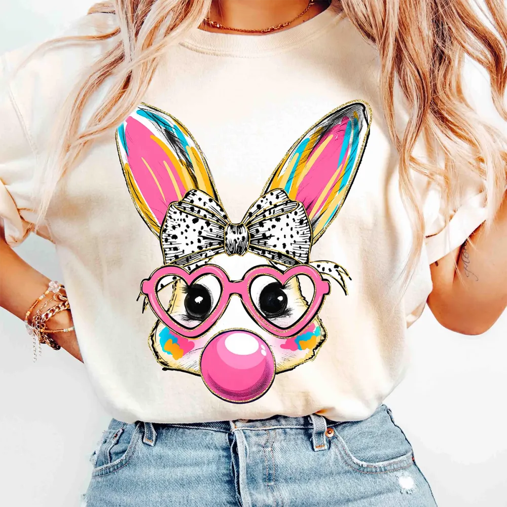 Happy Easter Printed Round Neck Short Sleeve T-Shirt