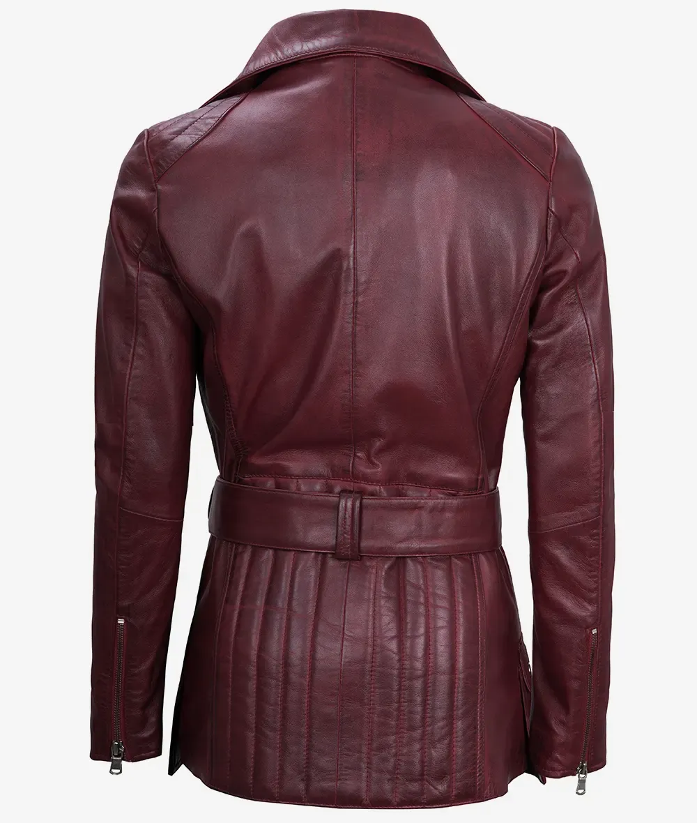 Women's Asymmetrical Maroon Belted Moto Leather Jacket