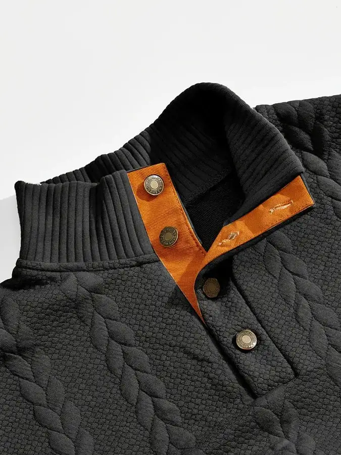 Men's Casual Retro Jacquard Fabric Button Stand Collar Long Sleeve Sweatshirt