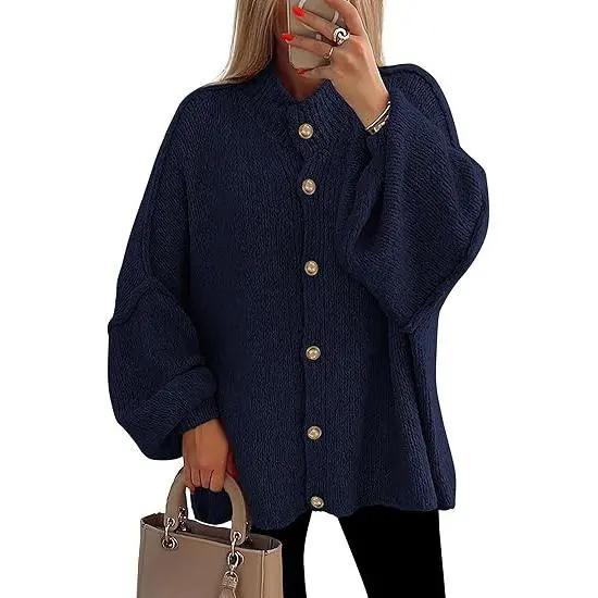 Women's Winter Button Down Cardigan Sweaters Mock Neck Lantern Long Sleeve Chunky Knit Jacket Trendy Outerwear