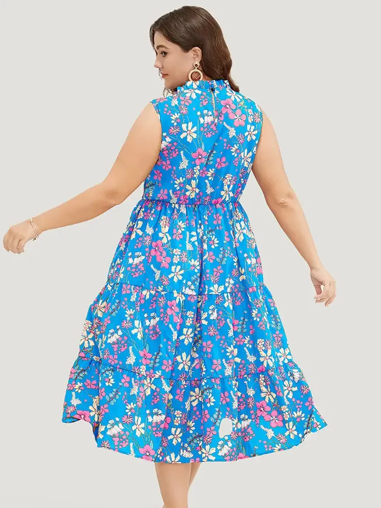 Floral Shirred Mock Neck Cut Out Pocket Ruffle Hem Dress