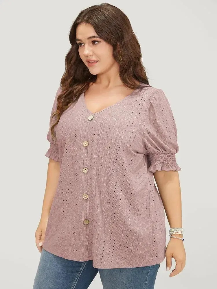 Plain Broderie Anglaise Shirred Puff Sleeve Button Detail T-shirt