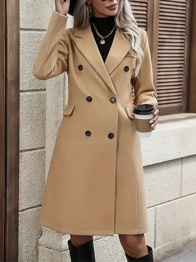 Women's Winter Coat Long Overcoat Double Breasted Lapel Trench Coat Thermal Warm Windproof Jacket Fall Casual Street Outerwear Long Sleeve Fall Winter Black Khaki