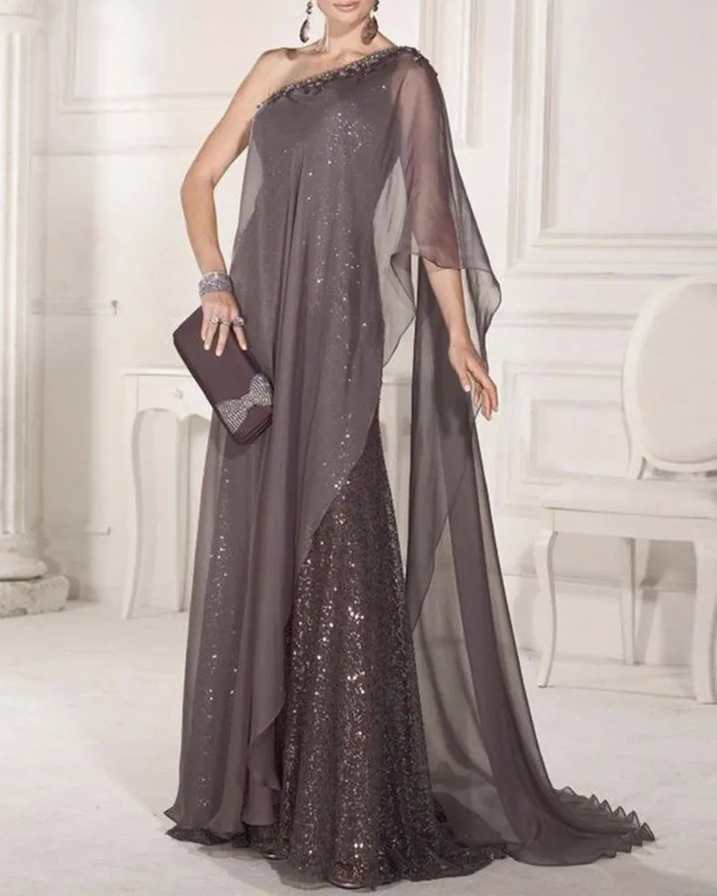 Gown maxi dress lace cape sequined chiffon