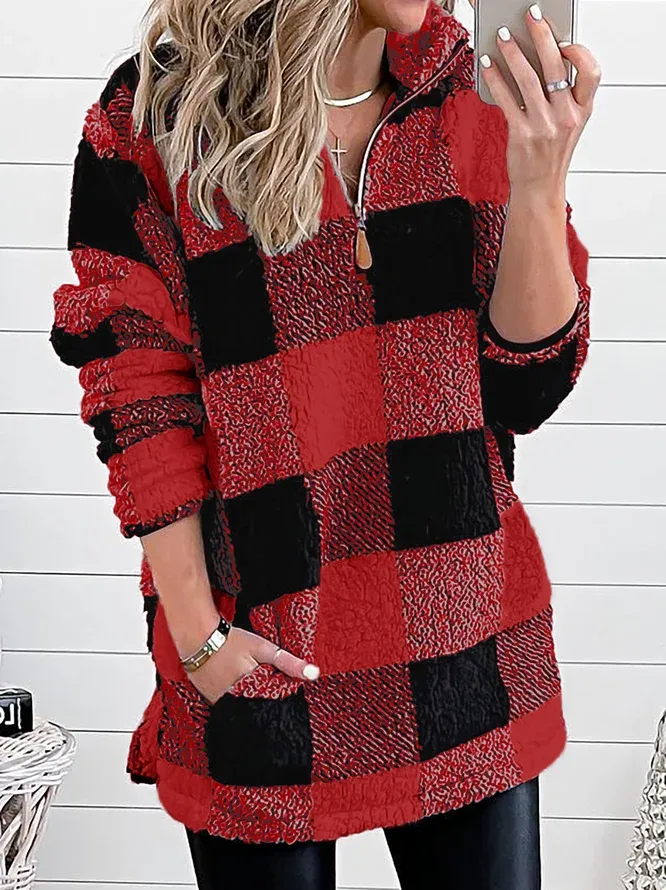Casual Plaid Loose Fluff Cotton Fleece Fabric Sweatshirt
