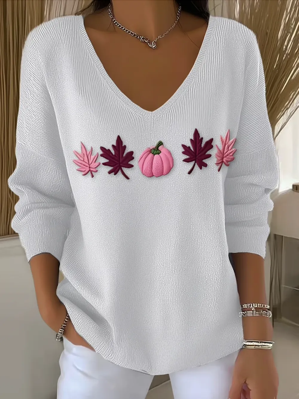 Casual Pumpkin Pattern Regular Fit Cotton Sweater