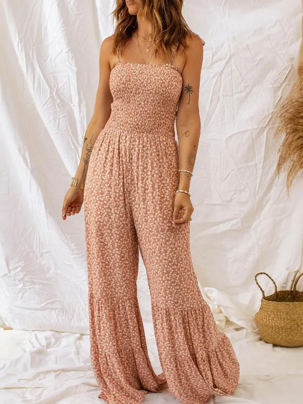 Women's Boho Floral Tie-Shoulder Wide-Leg Jumpsuit