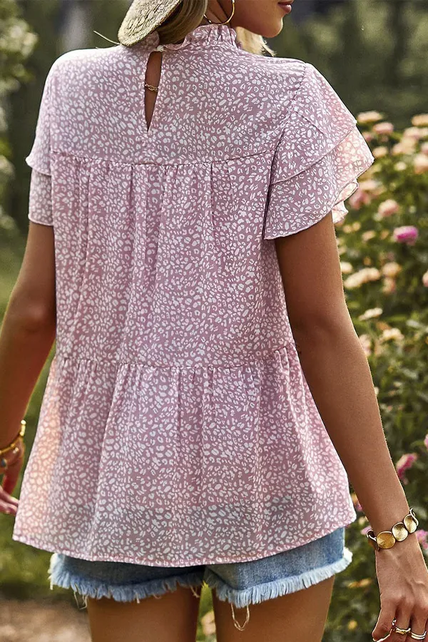 Animal Print Ruffle Chiffon T-Shirt