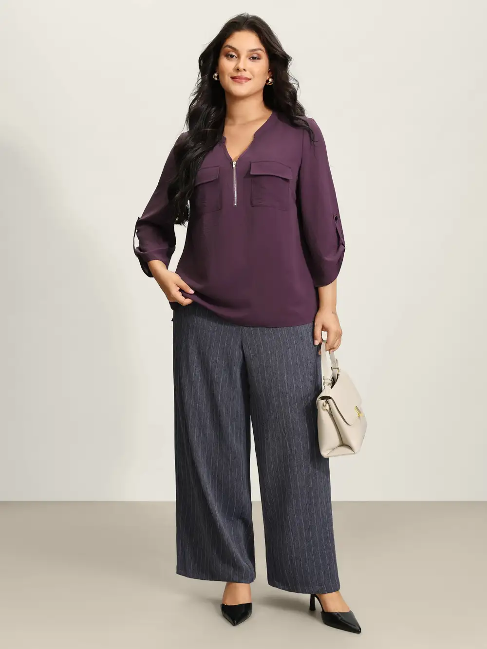 Half Zipper Tab Sleeve Blouse