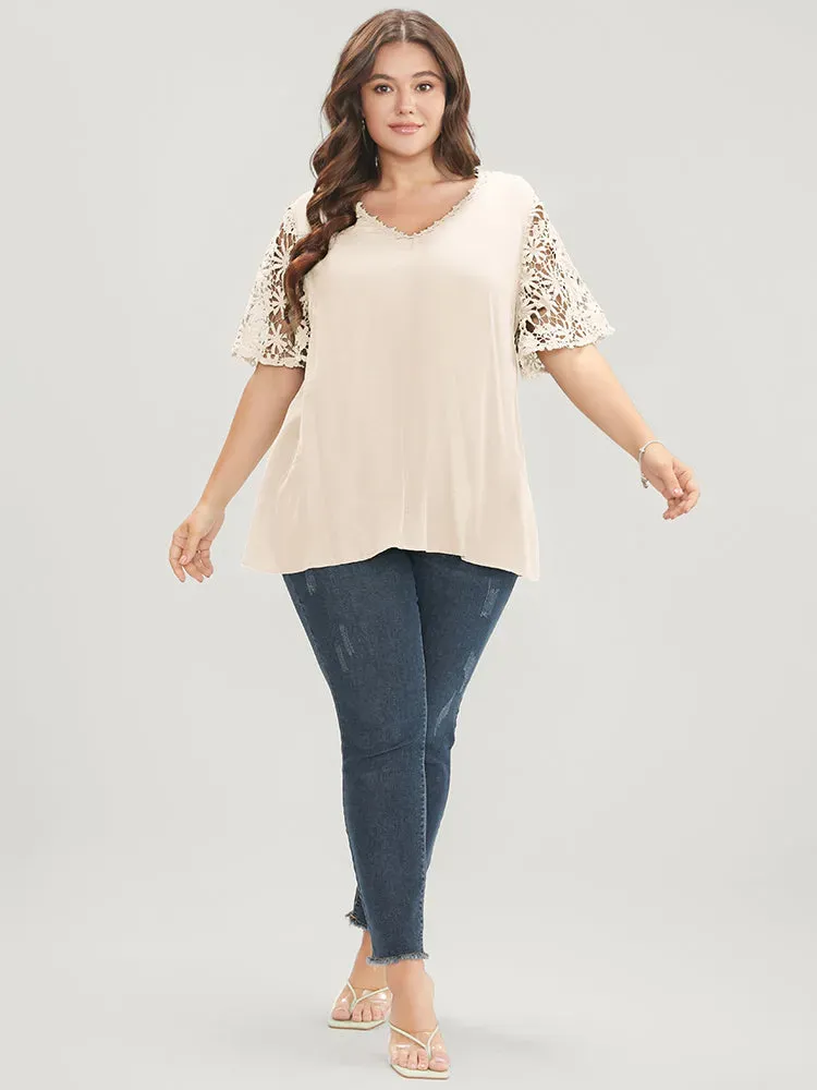 Plain V Neck Floral Patchwork Blouse