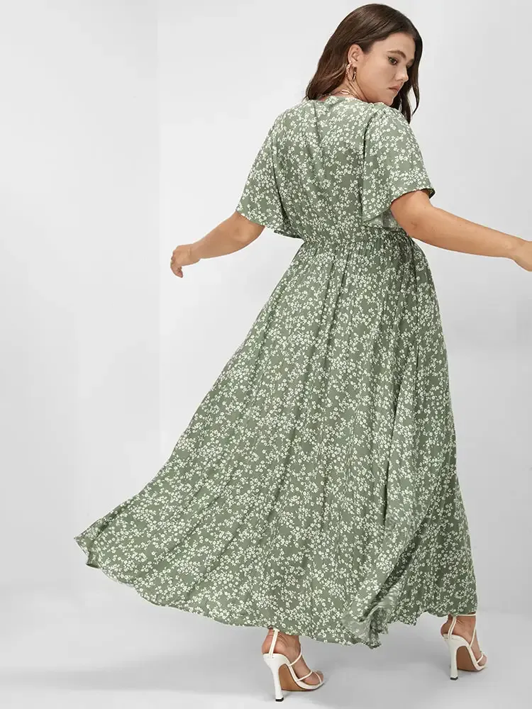 Bloom Dress - Flutter Sleeve Ditsy Floral Pocket Split Maxi Dress