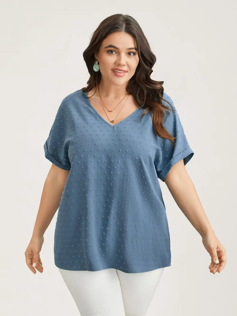 Back-Button Textured V-Neck Shirt
