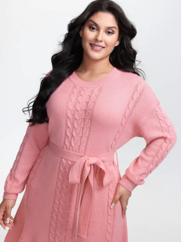 Textured Ruffled Hem Belted Knit Midi Dress