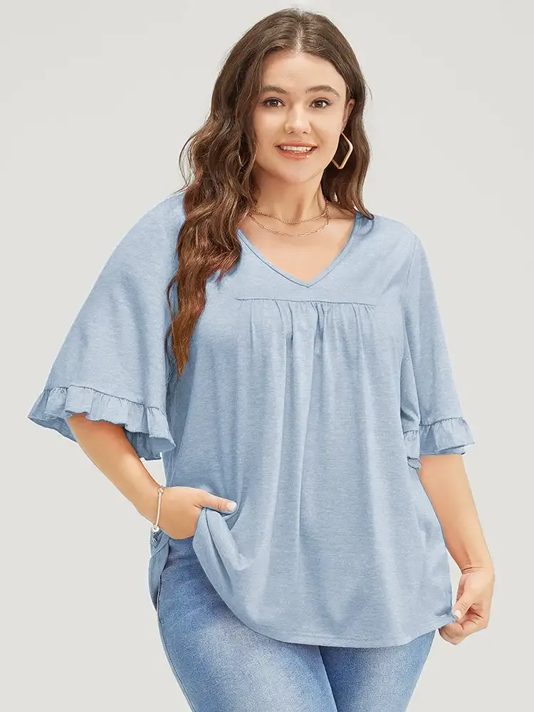 Solid Gathered Ruffle Trim Flounce Sleeve T-shirt