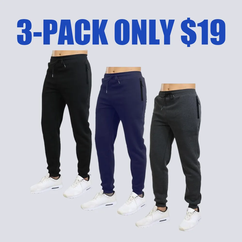 Men's 3 Pack Fleece Active Athletic Jogger Sweatpants with Drawstring Sizes XS-5XL