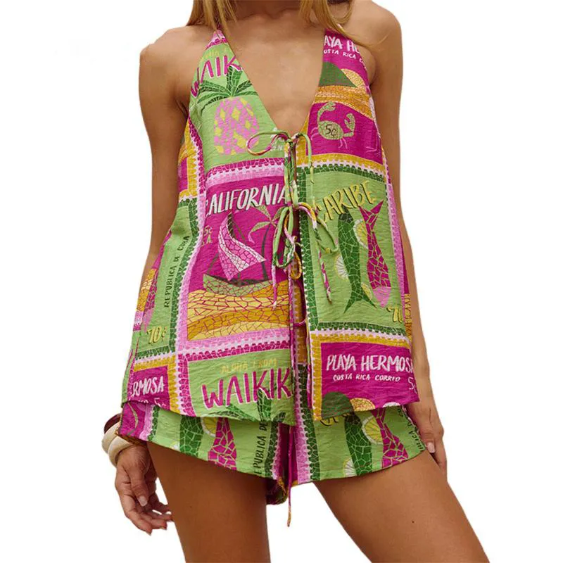 Women Shorts Set, Tree/Stripes Print Tie-up Vest with Shorts Summer Outfit for Party Club