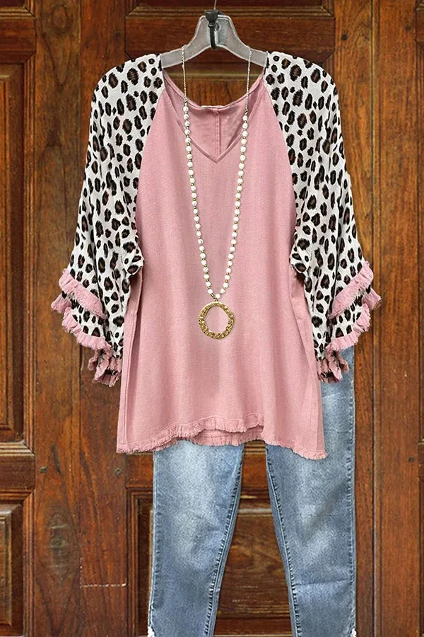 Leopard Print Paneled Cotton Blend Frayed Top