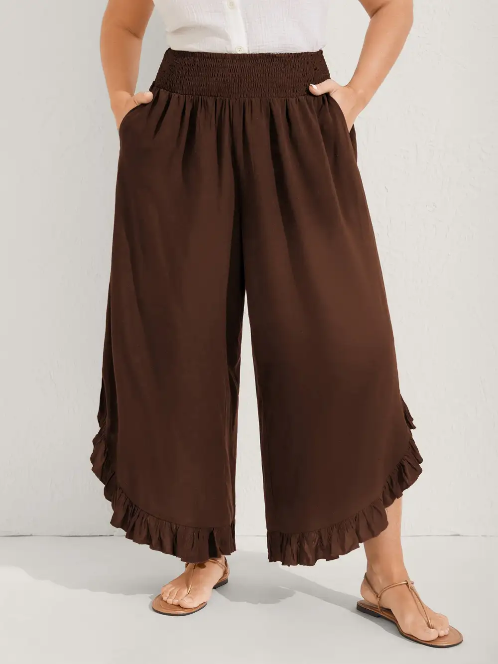 Ruffled Curvy Hem Wide-Leg Pants