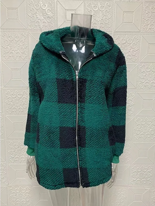 Women's Fleece Jacket Fleece Basic Pocket Zip Up Black Light Green Red Plaid Street Casual Hoodie Long Sleeve Top Micro-elastic Fall & Winter
