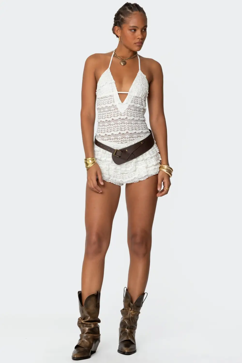 Lanney Ruffled Sheer Lace Romper